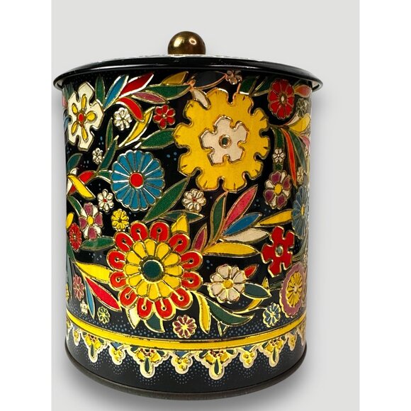 Vintage English Tin Container W/ Lid & Floral Design England Gold Interior - Picture 9 of 13